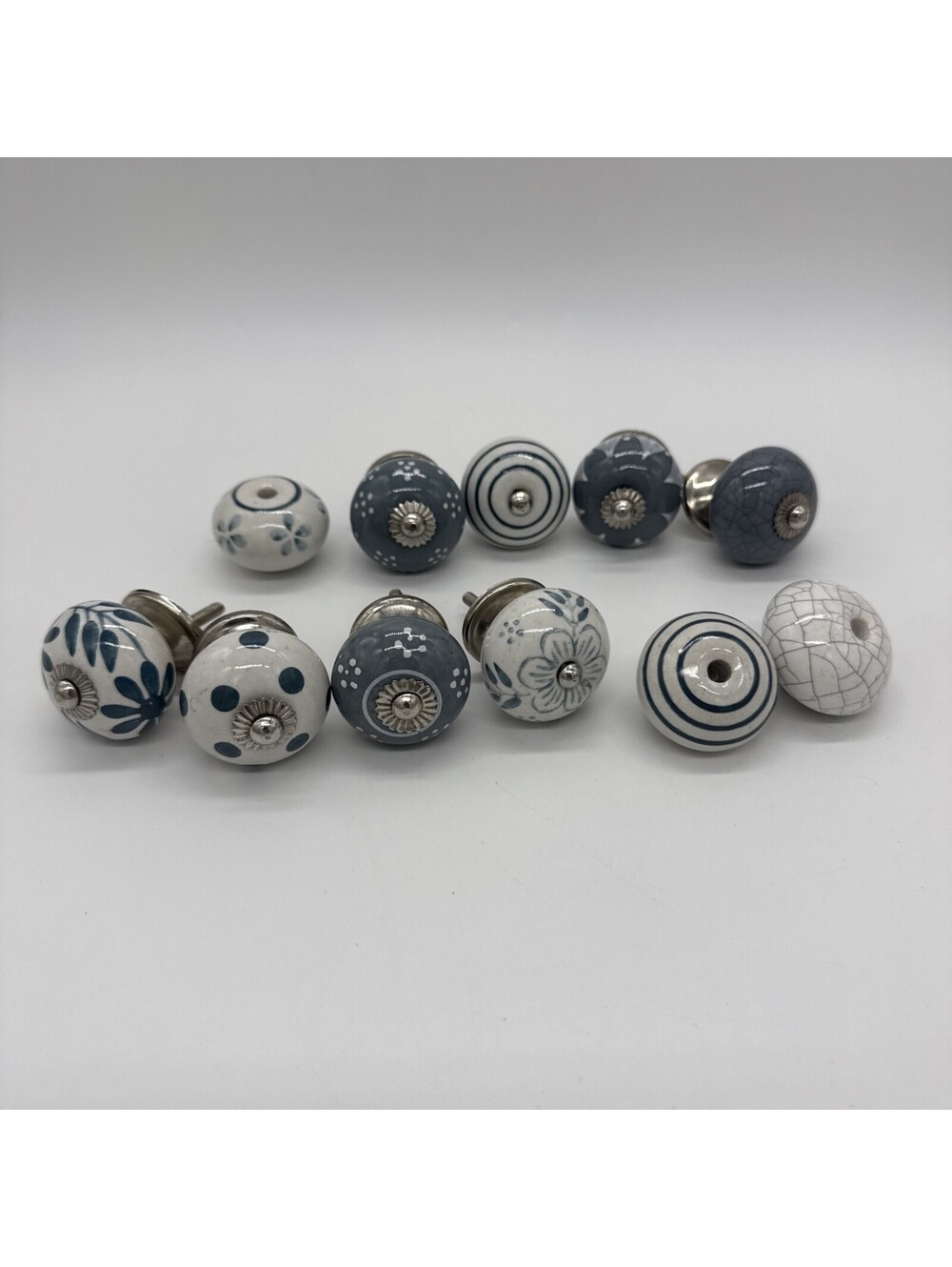 Lot 11 Hand Painted Ceramic Cabinet Knobs Grey White Boho Floral Striped